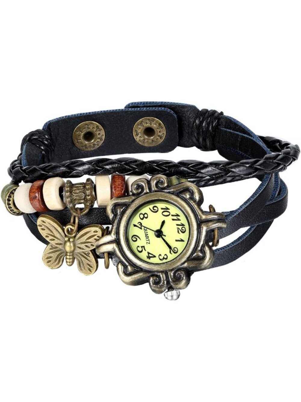 Women's Black-Butterfly Vintage Classic Weave Wrap Around Quartz Wrist Watch